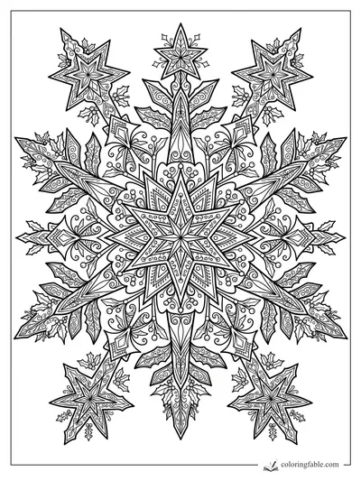 Intricate Christmas mandala with layered stars, holly leaves, berries, curls, and pointed snowflake shapes.