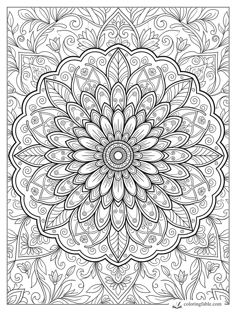 Intricate daisy mandala coloring page with layered petals, scalloped border, leaves, buds, and curling vines