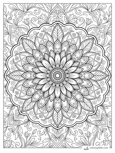 Intricate daisy mandala coloring page with layered petals, scalloped border, leaves, buds, and curling vines