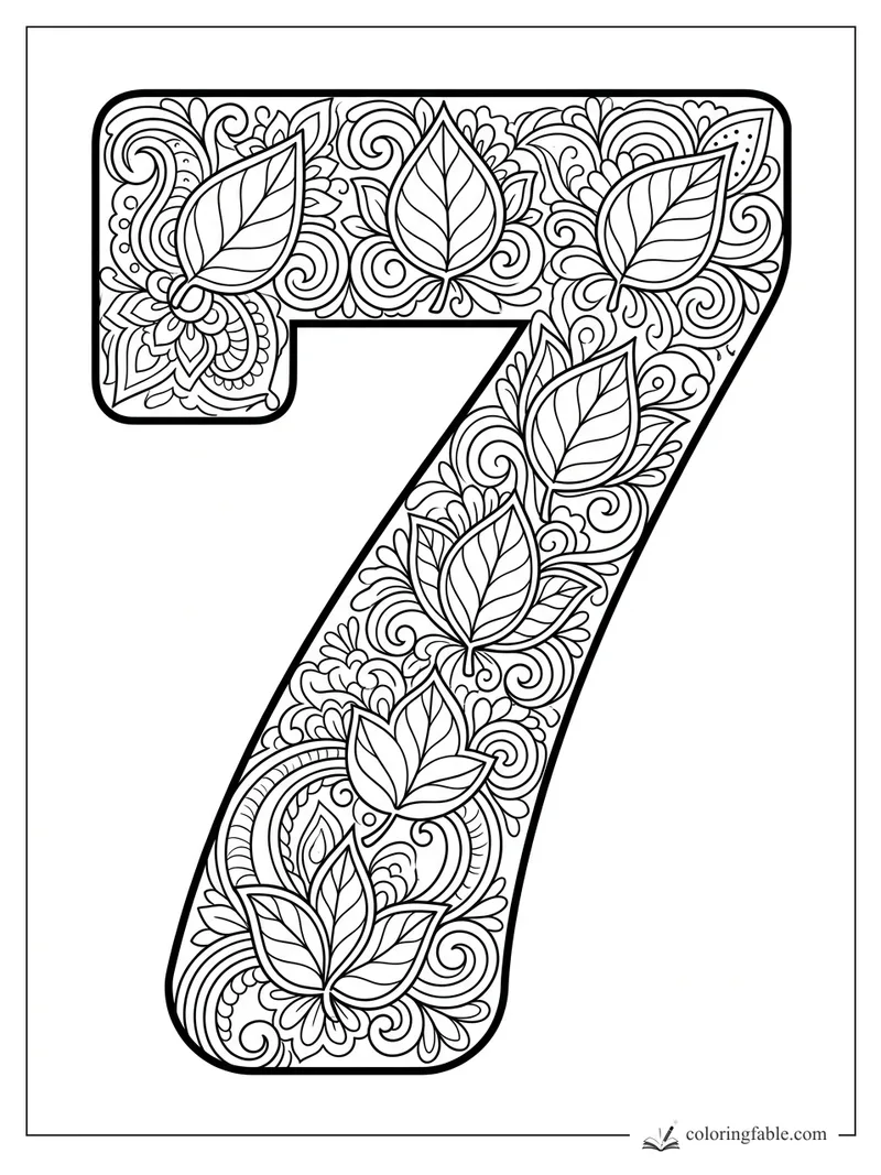 Intricate number 7 coloring page filled with leaves, flowers, spirals, and mandala patterns.