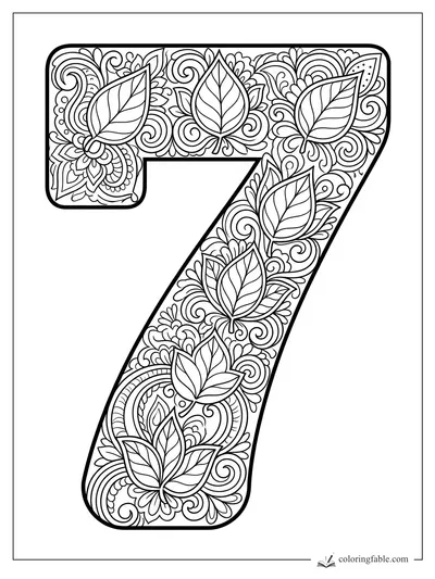 Intricate number 7 coloring page filled with leaves, flowers, spirals, and mandala patterns.