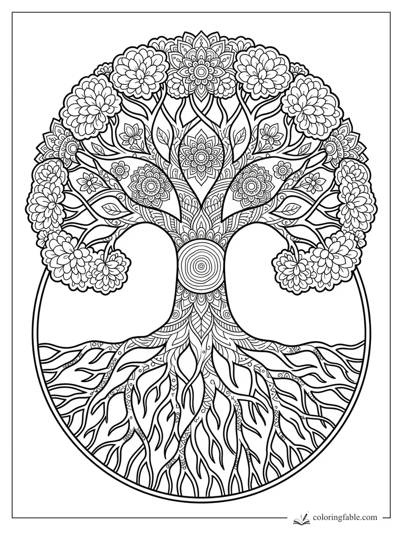 Intricate tree mandala with layered flowers, leafy branches, circular trunk rings, and spreading roots