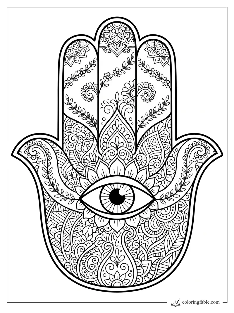 Intricate hamsa hand coloring page with central eye, floral fingers, vines, paisleys, and zentangle patterns