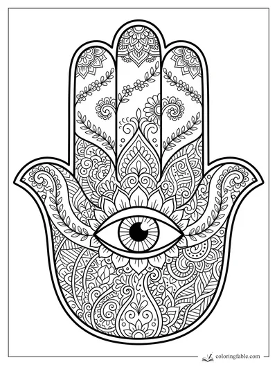 Intricate hamsa hand coloring page with central eye, floral fingers, vines, paisleys, and zentangle patterns