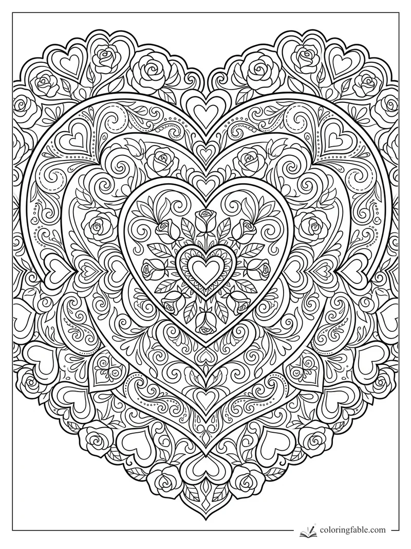 Intricate heart mandala coloring page with roses, nested hearts, leaves, dots, and curling vines.