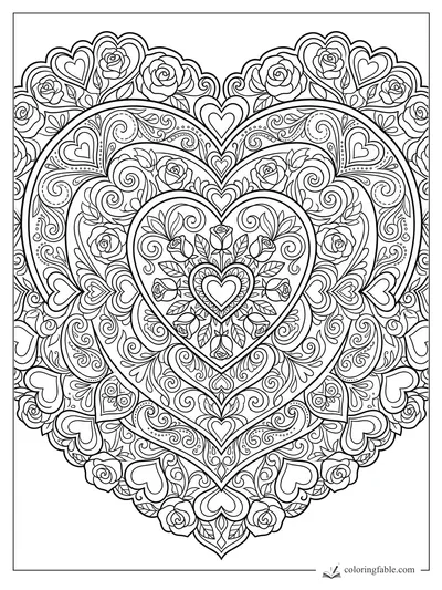 Intricate heart mandala coloring page with roses, nested hearts, leaves, dots, and curling vines.