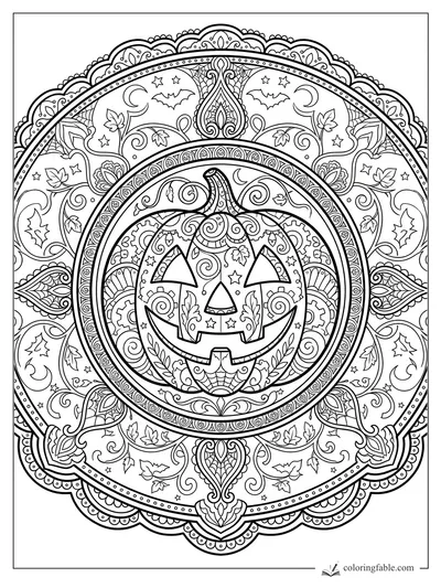 Intricate Halloween mandala with a smiling jack-o’-lantern, bats, stars, leaves, webs, and curling vines.