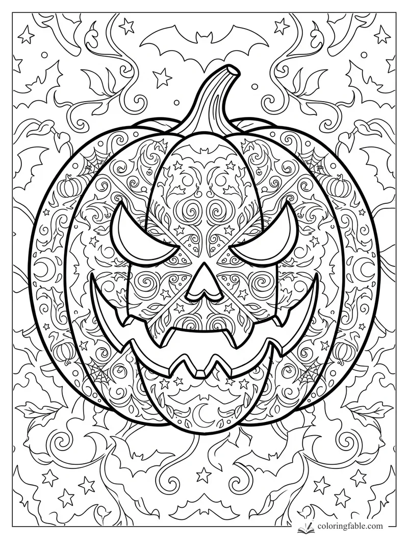 Intricate pumpkin mandala coloring page with jack-o’-lantern face, bats, stars, vines, webs, and leaves.
