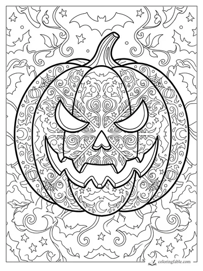 Intricate pumpkin mandala coloring page with jack-o’-lantern face, bats, stars, vines, webs, and leaves.