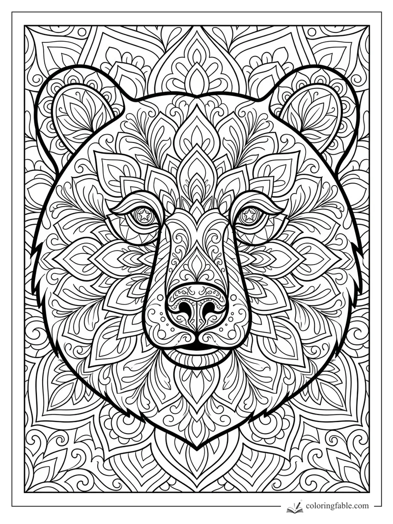 Intricate mandala bear face with floral ears, patterned eyes, ornate muzzle, and leafy symmetrical background