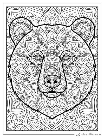 Intricate mandala bear face with floral ears, patterned eyes, ornate muzzle, and leafy symmetrical background