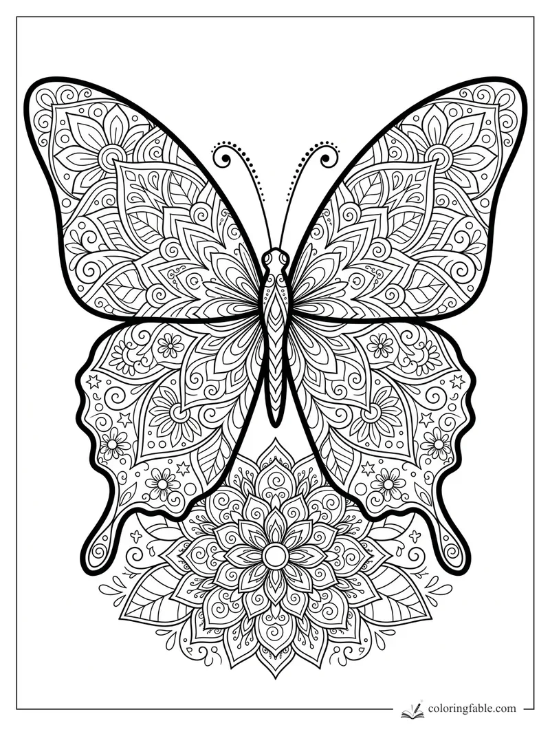 Intricate mandala butterfly with floral wing patterns, curled antennae, stars, leaves, and a large flower below