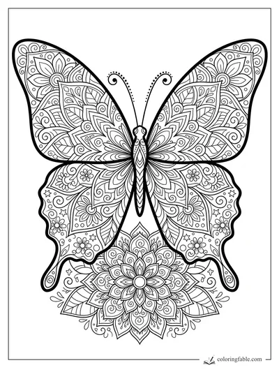 Intricate mandala butterfly with floral wing patterns, curled antennae, stars, leaves, and a large flower below