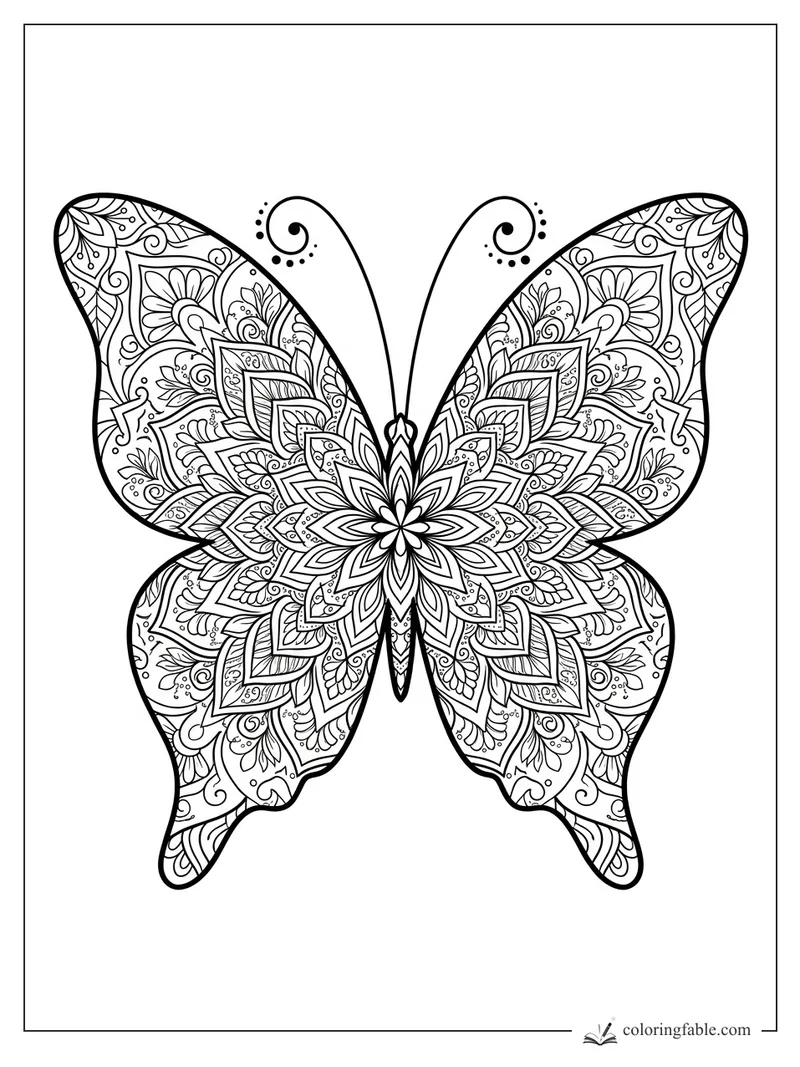 Intricate butterfly mandala with floral wing patterns, dotted curls, and long spiral antennae