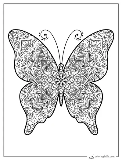 Intricate butterfly mandala with floral wing patterns, dotted curls, and long spiral antennae
