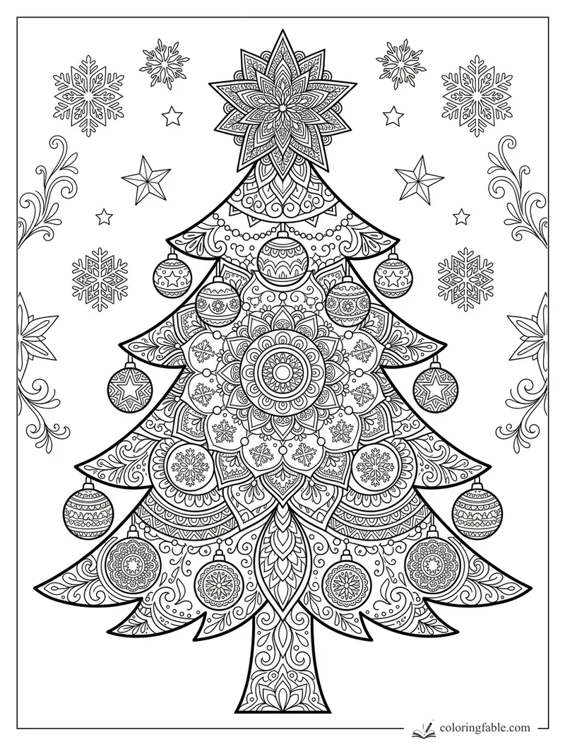 Intricate mandala Christmas tree with ornaments, star topper, snowflakes, and swirling side flourishes