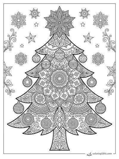 Intricate mandala Christmas tree with ornaments, star topper, snowflakes, and swirling side flourishes