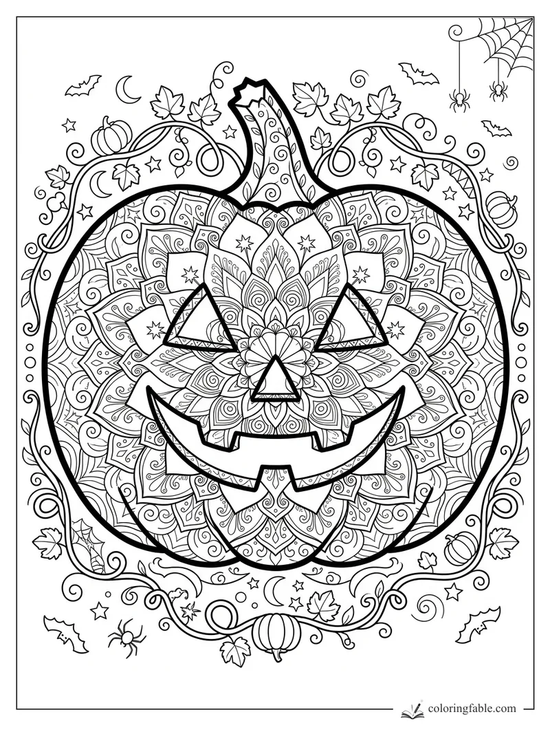 Mandala jack-o’-lantern with carved grin, leafy vines, bats, stars, crescent moons, spiders, and web corners.