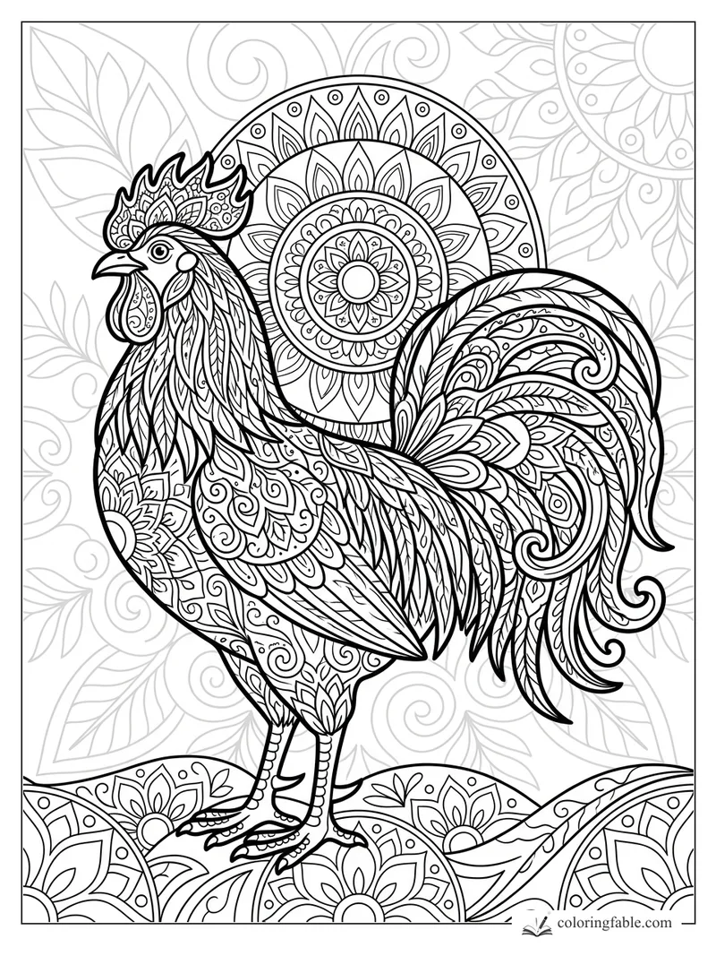 Intricate mandala rooster with patterned comb, feathered tail, and floral circles in the background
