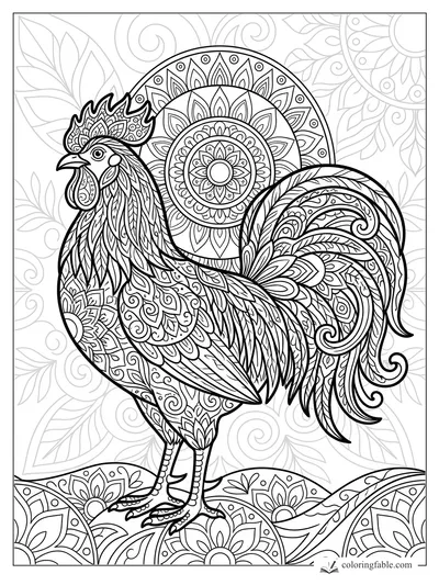 Intricate mandala rooster with patterned comb, feathered tail, and floral circles in the background