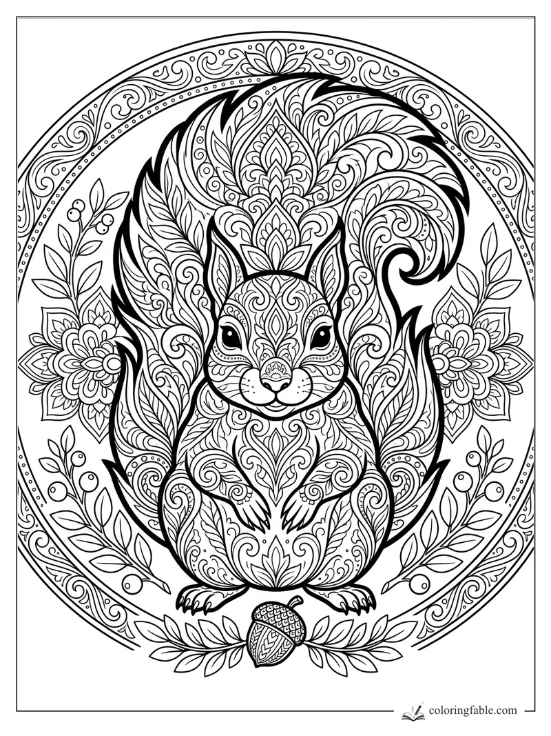 Intricate mandala squirrel with curled tail, floral patterns, leafy branches, berries, and acorn coloring page