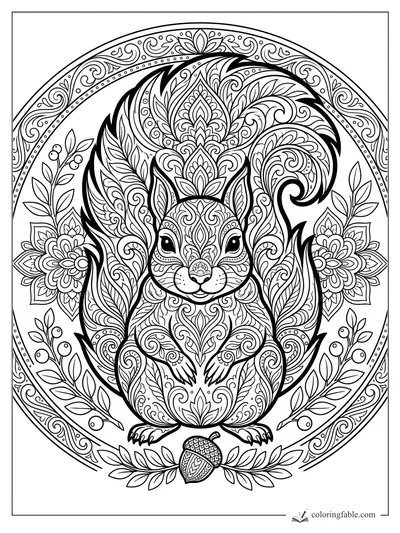 Intricate mandala squirrel with curled tail, floral patterns, leafy branches, berries, and acorn coloring page