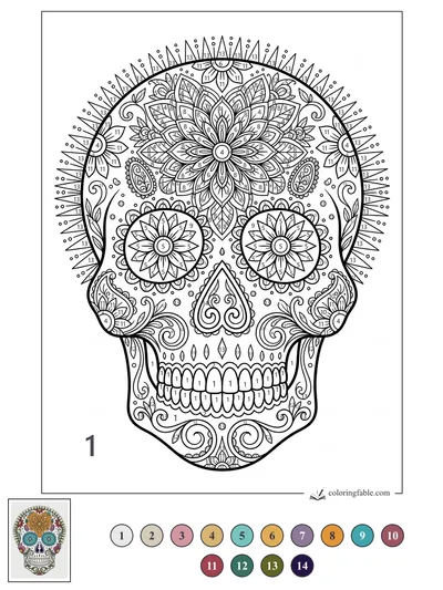 Intricate Mandala Sugar Skull with Floral Eyes — color by number