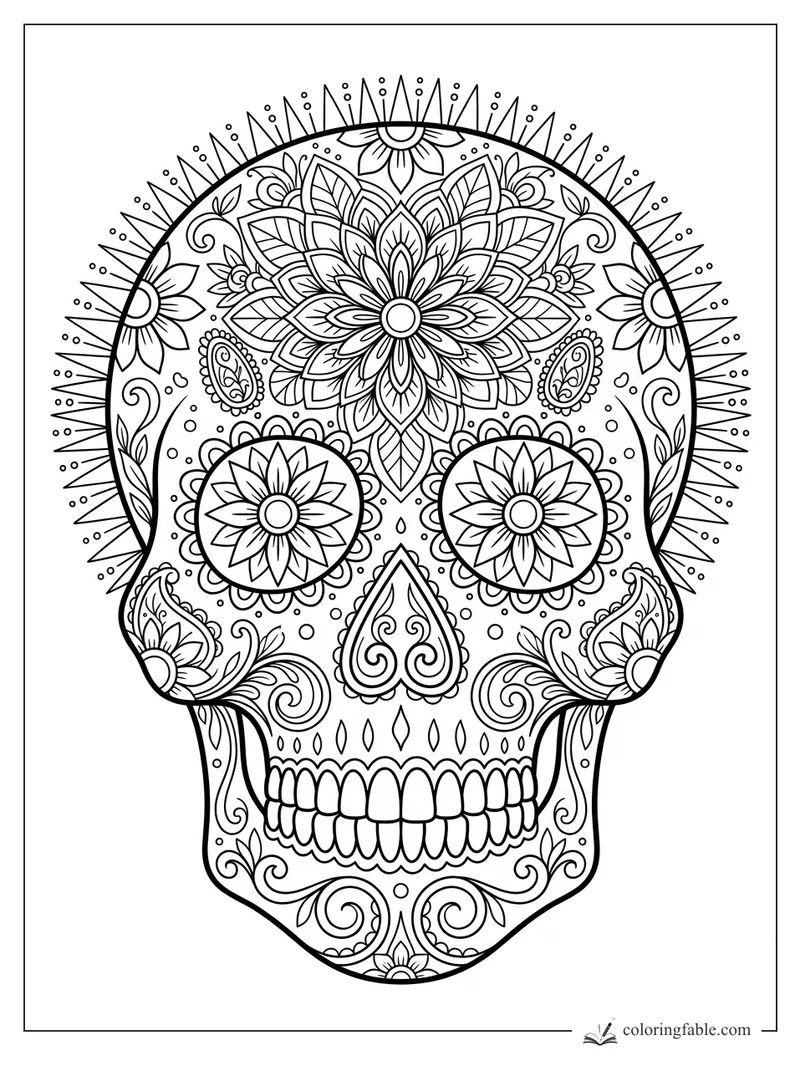 Intricate sugar skull coloring page with floral eyes, paisley cheeks, sunburst crown, and mandala patterns.