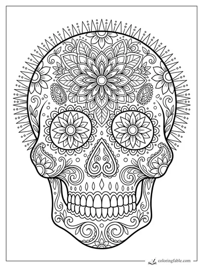 Intricate sugar skull coloring page with floral eyes, paisley cheeks, sunburst crown, and mandala patterns.