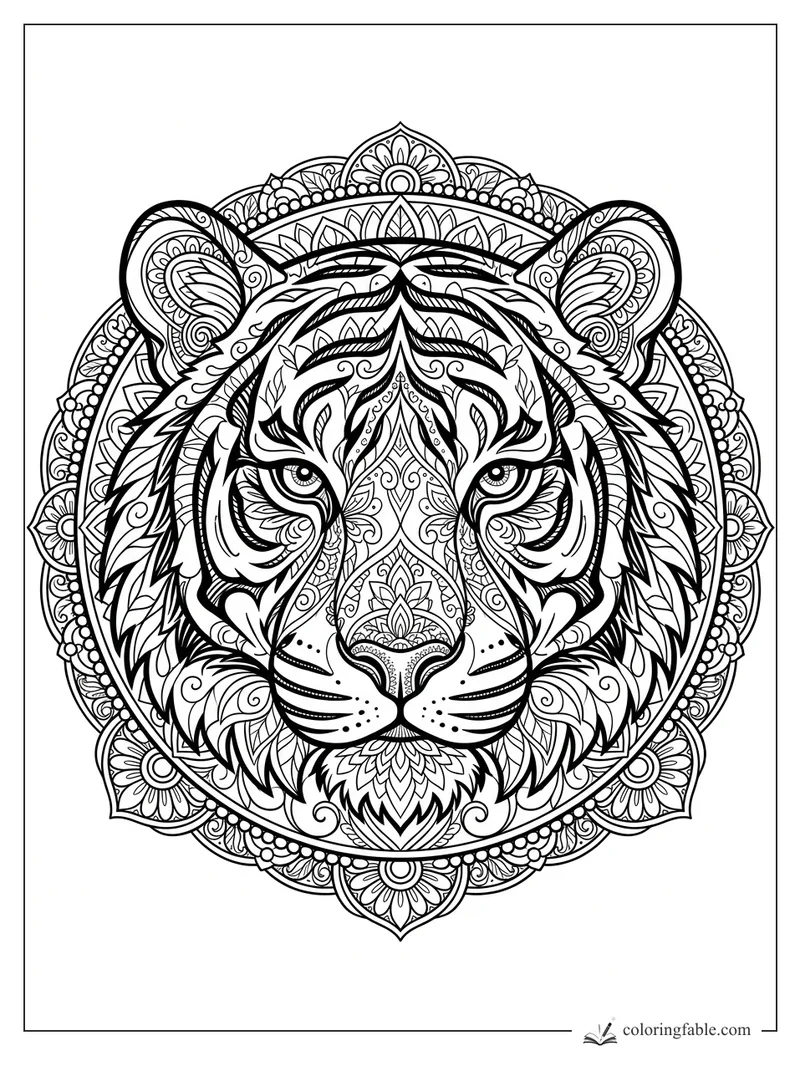 Intricate mandala tiger head with floral ears, bold stripes, and a beaded circular frame