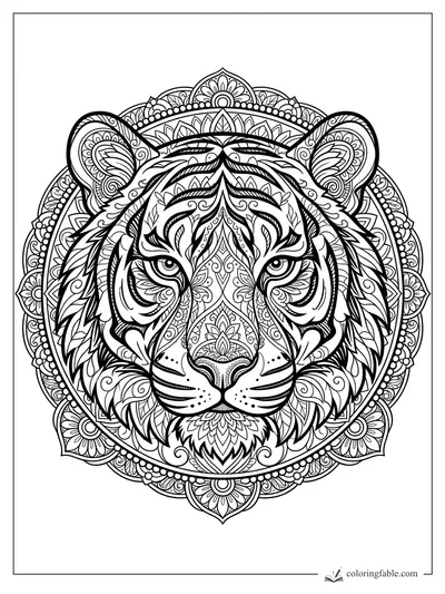 Intricate mandala tiger head with floral ears, bold stripes, and a beaded circular frame