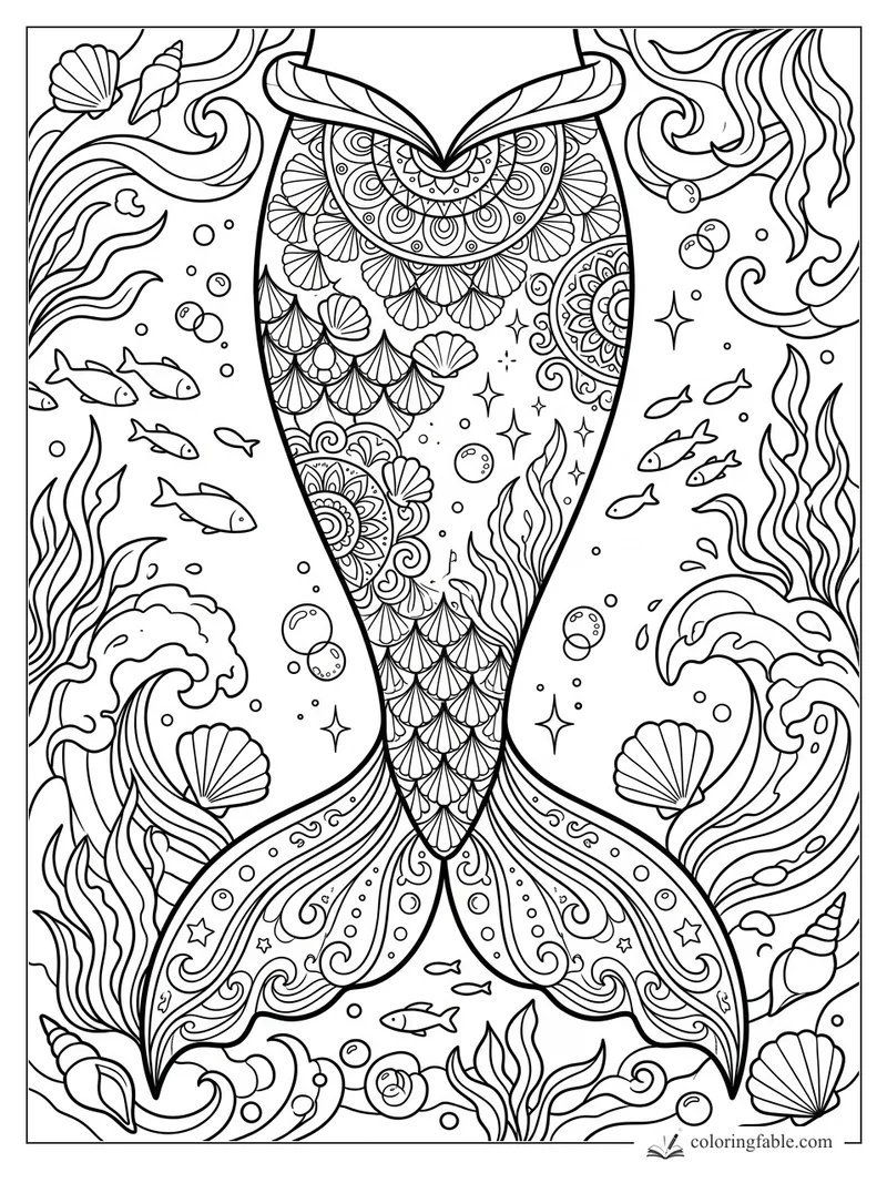 Intricate mermaid tail mandala with shells, fish, seaweed, bubbles, waves, and starbursts