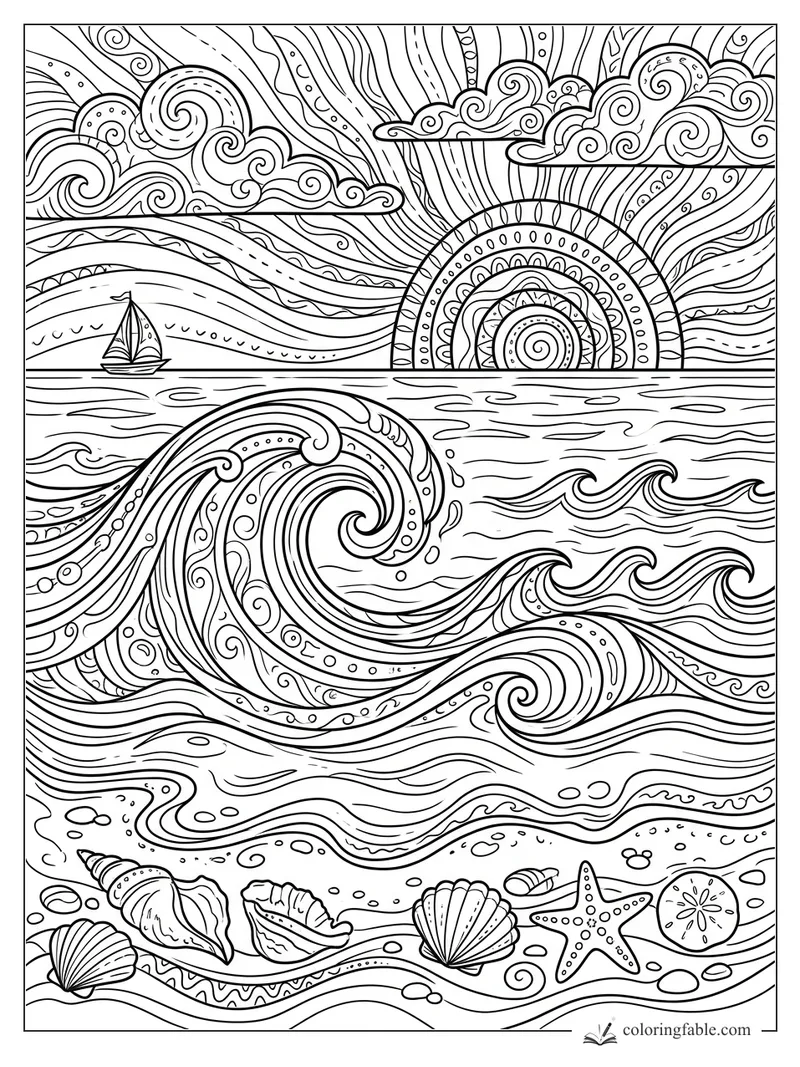 Intricate ocean sunset coloring page with curling waves, sailboat, clouds, shells, starfish, and sand dollar.