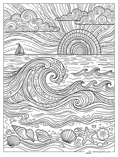 Intricate ocean sunset coloring page with curling waves, sailboat, clouds, shells, starfish, and sand dollar.