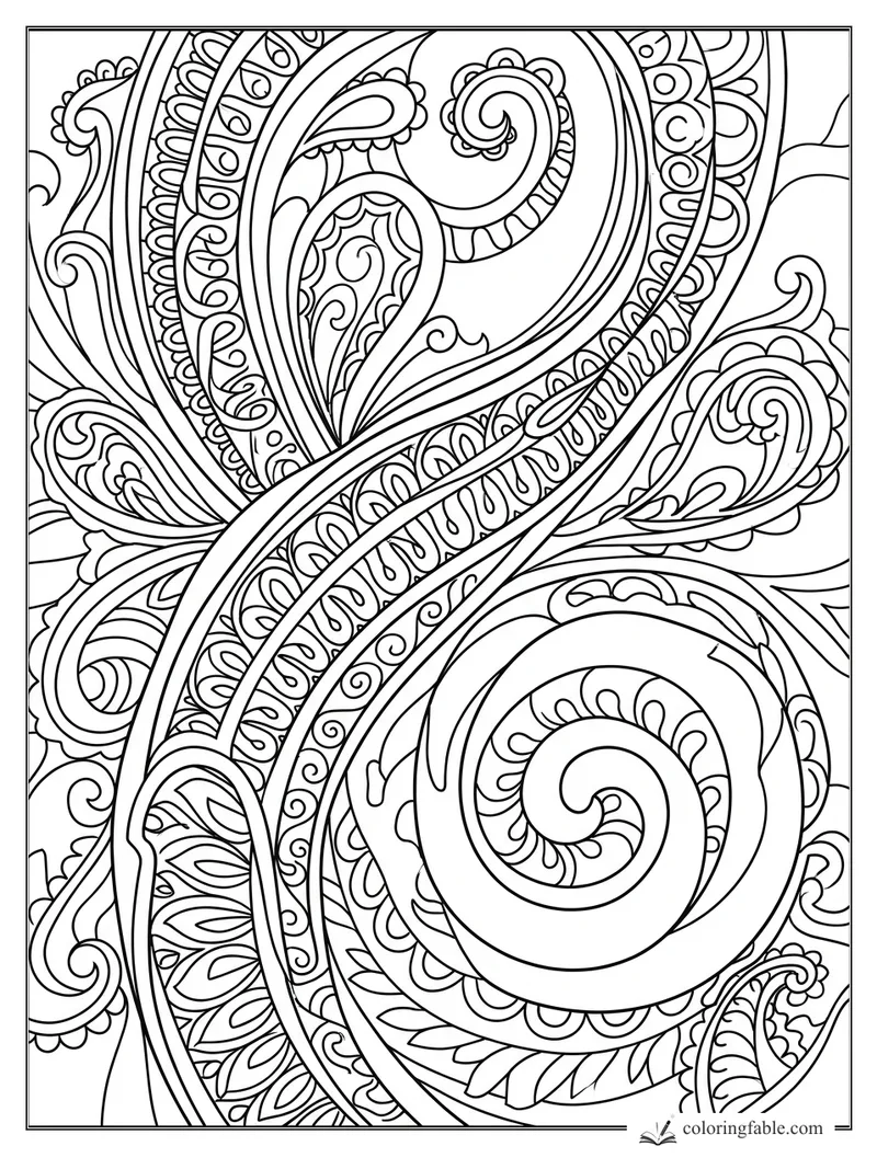 Intricate zentangle coloring page with paisley teardrops, spirals, scalloped bands, and leafy line patterns.