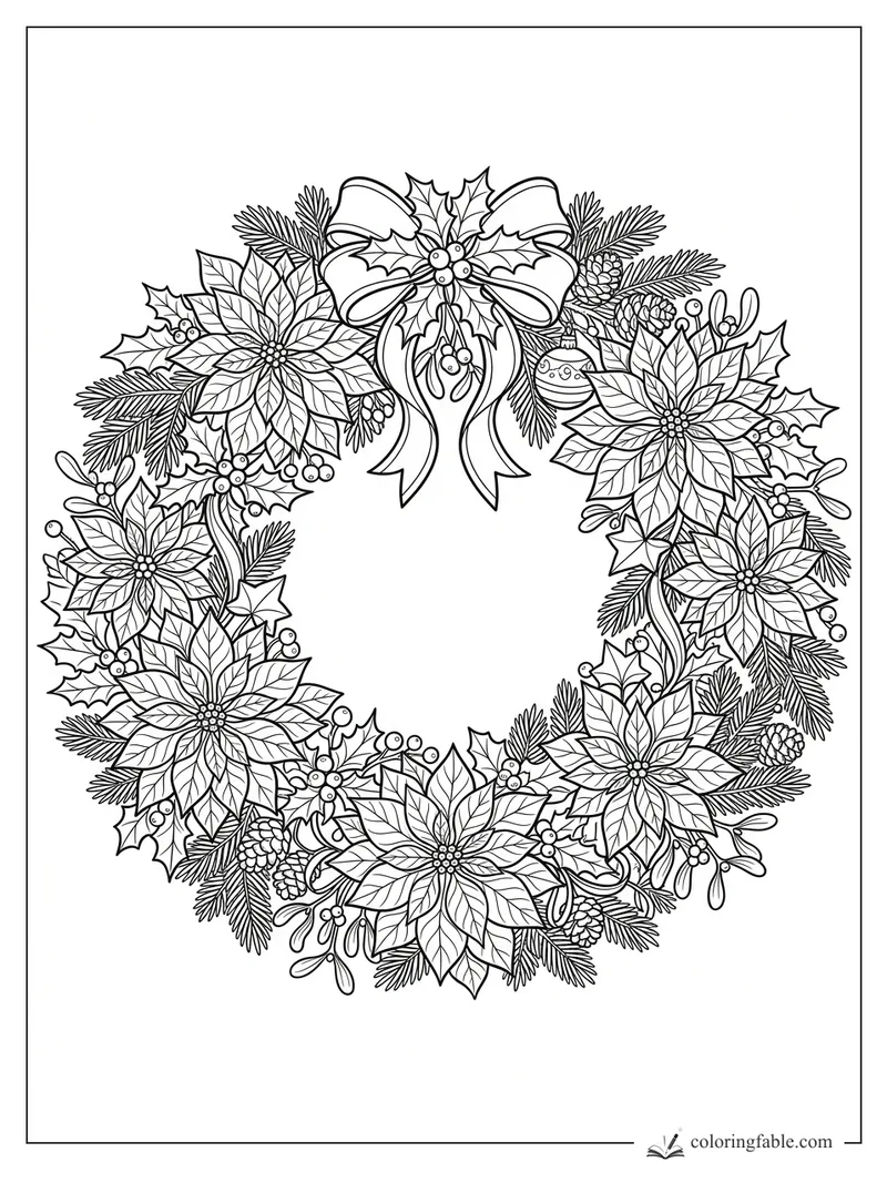Intricate Christmas wreath with poinsettias, holly, pinecones, mistletoe, bow, bells, and ornament
