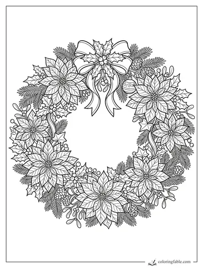Intricate Christmas wreath with poinsettias, holly, pinecones, mistletoe, bow, bells, and ornament