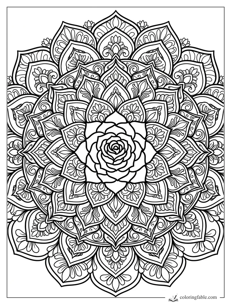 Intricate rose mandala coloring page with a central bloom, pointed petals, curls, and floral arches.