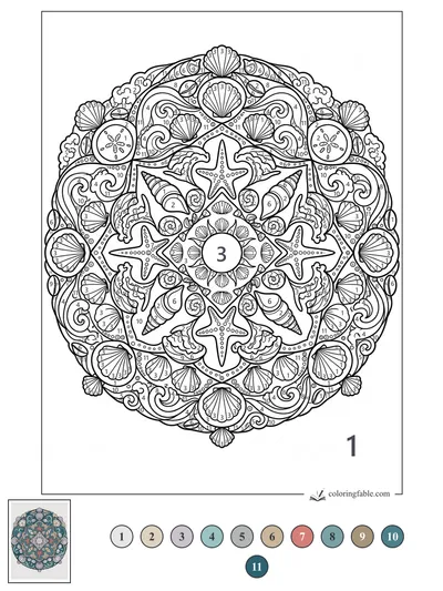 Intricate Seashell and Starfish Mandala — color by number