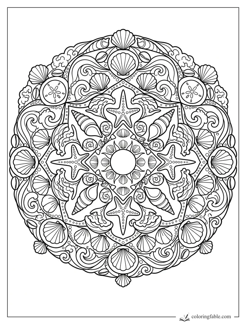 Intricate beach mandala with starfish, scallop shells, spiral shells, sand dollars, waves, and dotted rings