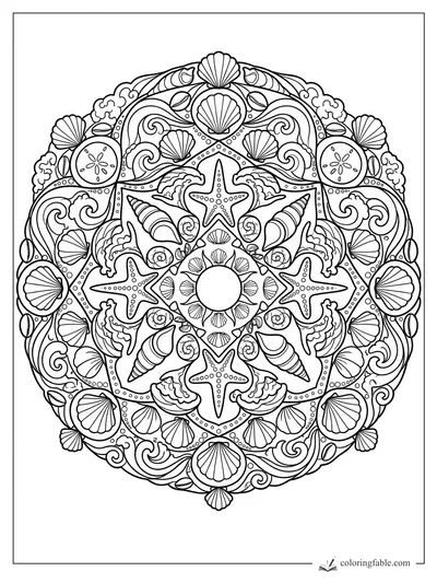 Intricate beach mandala with starfish, scallop shells, spiral shells, sand dollars, waves, and dotted rings