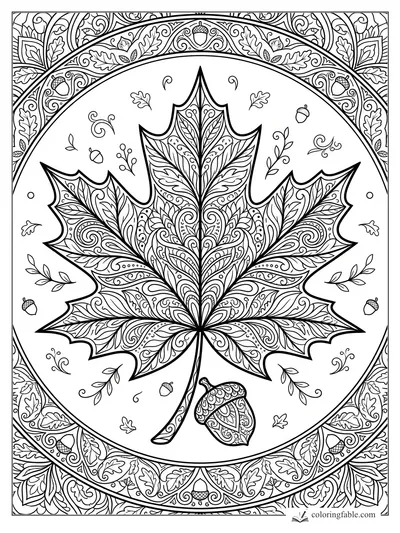 Intricate maple leaf mandala with acorns, oak leaves, vines, and a patterned circular border