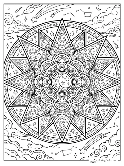Intricate star mandala with crescent moons, tiny stars, clouds, constellations, and shooting stars