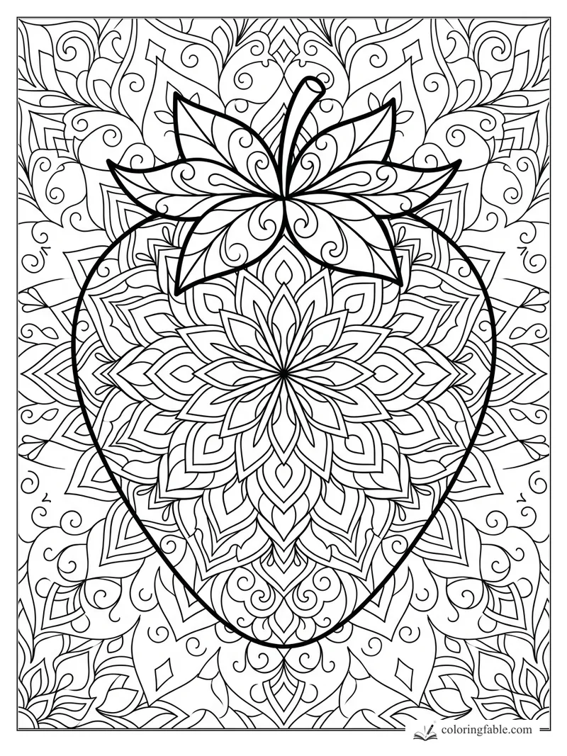 Intricate strawberry mandala coloring page with leafy crown, floral center, curls, and layered petal patterns.