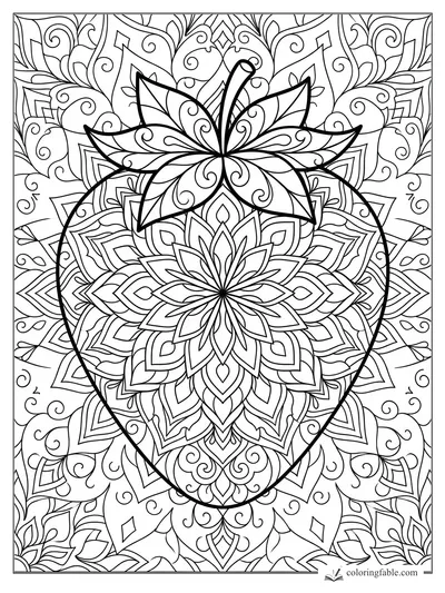 Intricate strawberry mandala coloring page with leafy crown, floral center, curls, and layered petal patterns.
