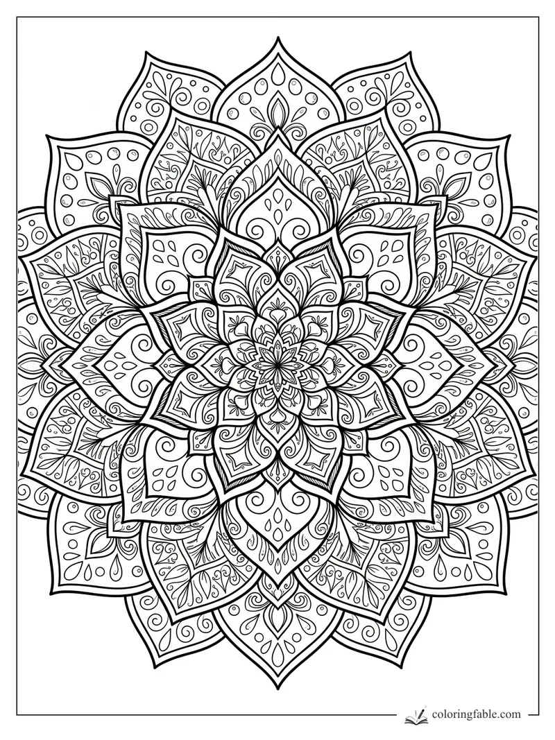 Intricate succulent mandala with layered pointed leaves, curls, teardrops, dots, and floral center