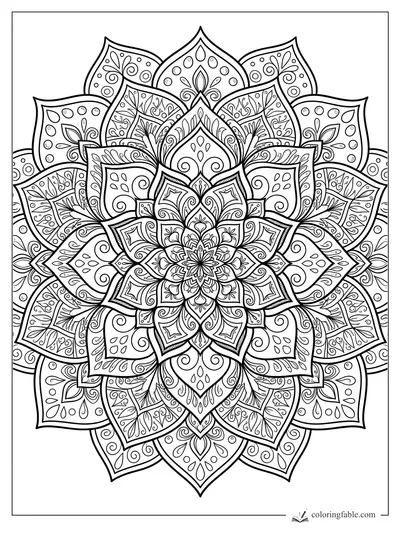 Intricate succulent mandala with layered pointed leaves, curls, teardrops, dots, and floral center
