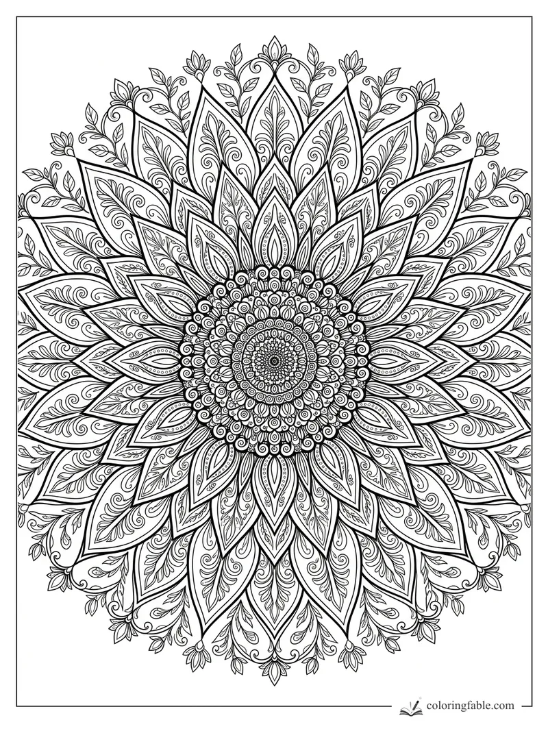 Intricate sunflower mandala with layered petals, leafy vines, curls, dots, and a detailed seed center