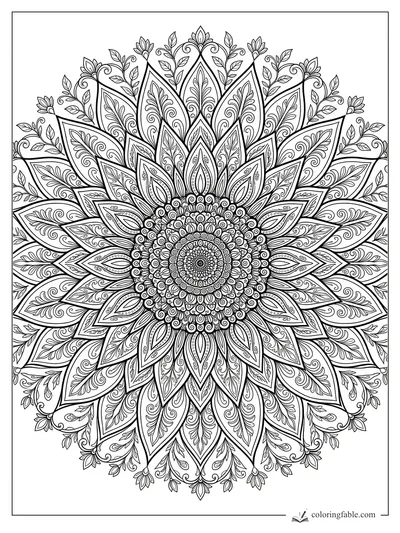 Intricate sunflower mandala with layered petals, leafy vines, curls, dots, and a detailed seed center