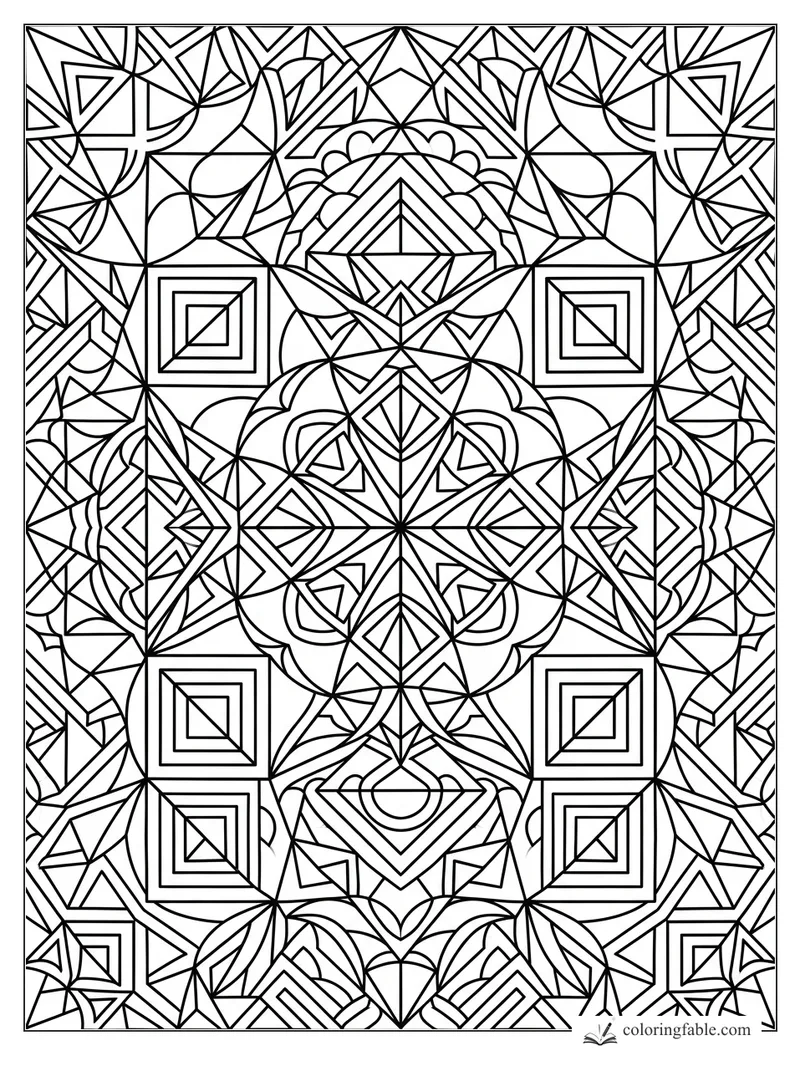 Intricate geometric coloring page with mirrored diamonds, nested squares, triangles, and curved petal arcs